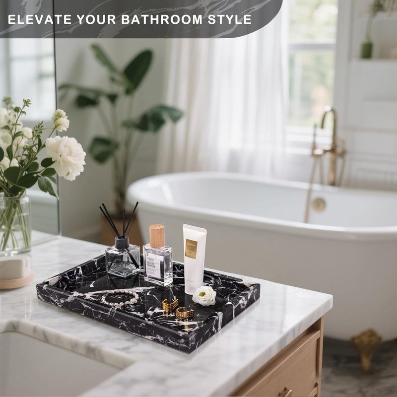 Homaura Marble Bathroom Tray for Countertop & Home Decor, Natural Decorative Marble Tray for Jewelry & Perfume Organizer, Luxury Stone Vanity Trays for Dresser, Kitchen Counter, 12" x 8", Black - Image 4